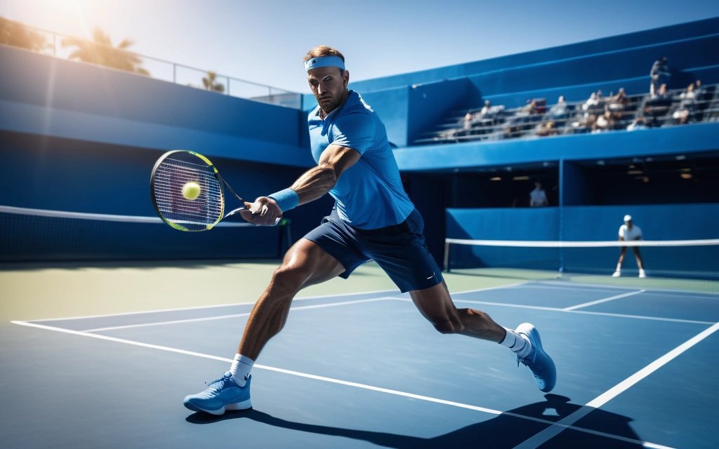 Tenista executando um forehand em quadra rápida